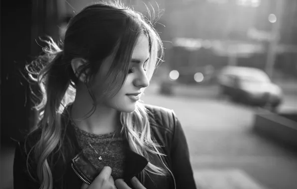 Road, machine, girl, photo, portrait, makeup, jacket, hairstyle