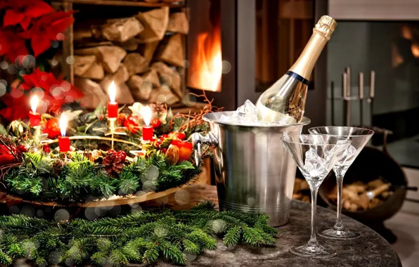 Holiday, new year, glasses, fireplace, champagne, decor