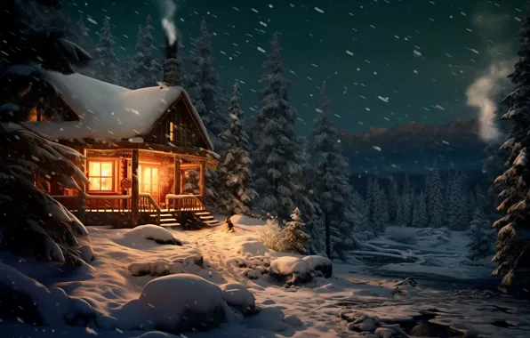 Winter, forest, snow, night, house, Christmas, New year, house
