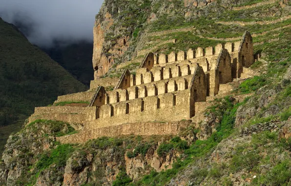 Picture clouds, mountains, the city, the ruins, ruins, Peru, Ollantaytambo