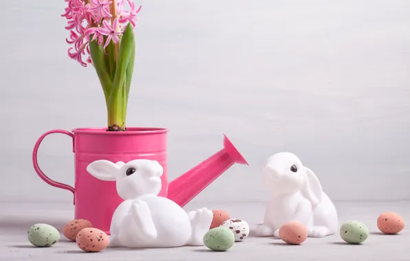 Flowers, holiday, eggs, Easter, rabbits, lake