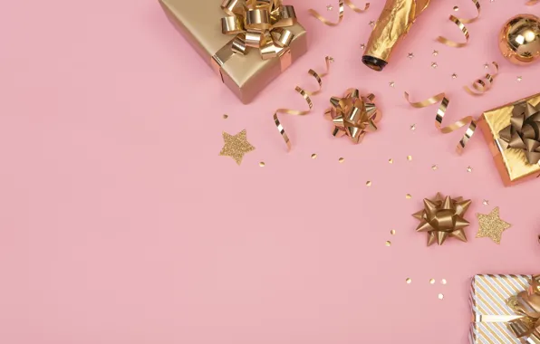 Background, gold, pink, new year, gifts, Confetti