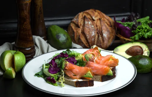 Greens, apples, fish, fish, cheese, plate, bread, sandwich
