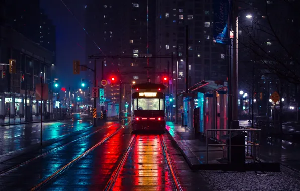 Street, Canada, tram, Toronto, Canada, night city, Toronto, tram