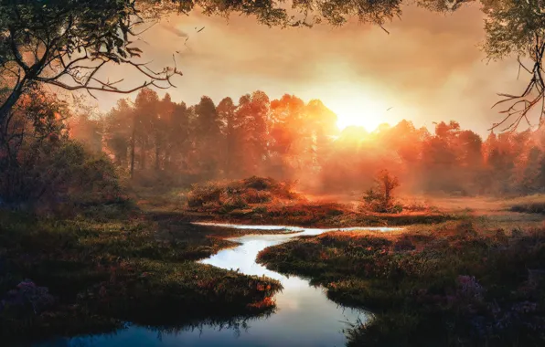 Autumn, forest, the sun, light, trees, landscape, sunset, branches