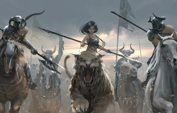 Girl, fantasy, horns, weapon, tiger, horses, digital art, warriors
