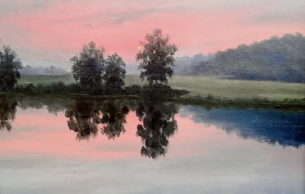 Summer, the sky, trees, landscape, sunset, fog, lake, reflection