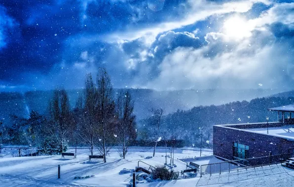 The sky, clouds, snow, trees, the building, Winter, benches
