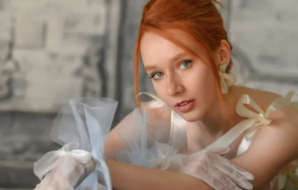 Red, blue eyes, bow, Elizaveta Kurilko, Alexander Danilov