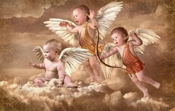Clouds, wings, bow, arrow, angels, cupids, cupids