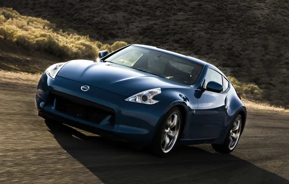 Picture road, blue, nissan, sports car, the bushes, Nissan, the front, 370z