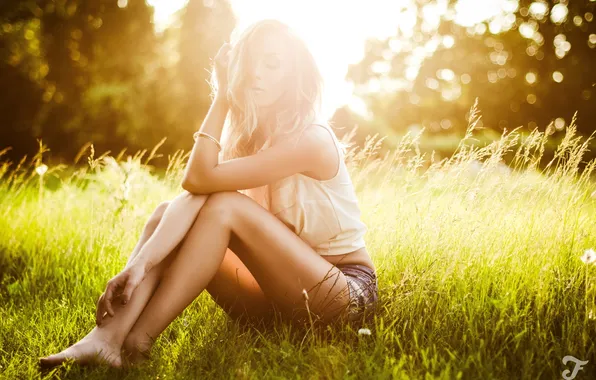 Field, girl, the sun, glare, blonde, Sunni S