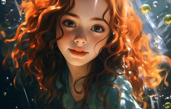 Water, Look, Hair, Girl, Bubbles, Red, Digital art, AI art