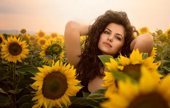 Look, girl, sunflowers, face, portrait, makeup, brunette, Tanya Markova