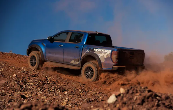 Picture the sky, blue, Ford, Raptor, pickup, 2018, the ground, Ranger