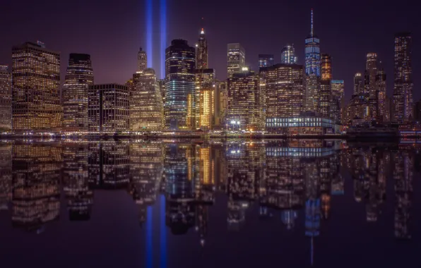 Light, night, the city, lights, reflection, building, New York, skyscrapers