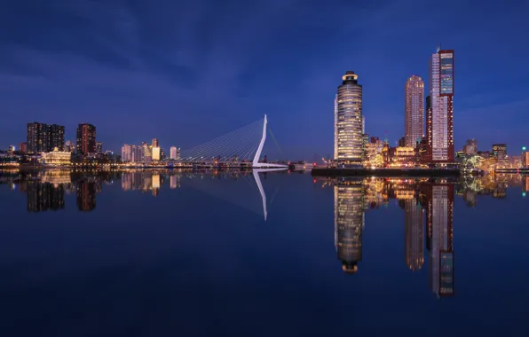 Water, reflection, the city, lights, building, the evening