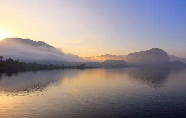 Picture mountains, fog, lake, reflection, hills, morning, pond