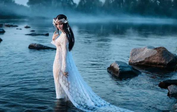 Picture look, water, girl, pose, river, stones, beautiful, Irina Chernyshenko