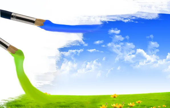 Field, the sky, clouds, flowers, creative, paint, brush