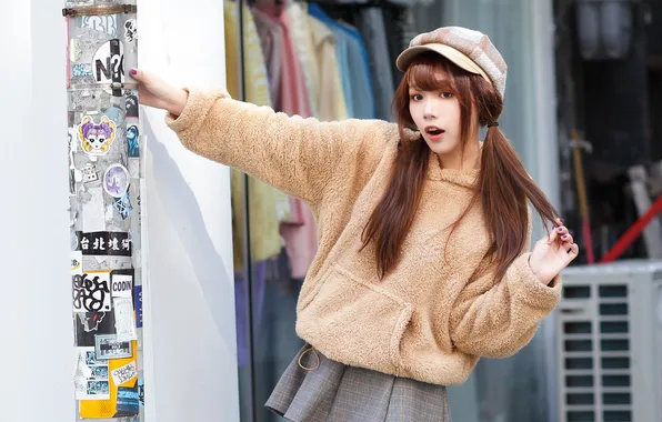 Model, skirt, portrait, makeup, hairstyle, braids, cap, brown hair