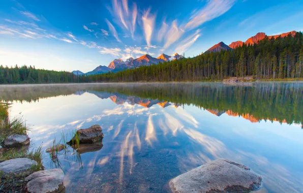 The sky, clouds, sunset, mountains, lake