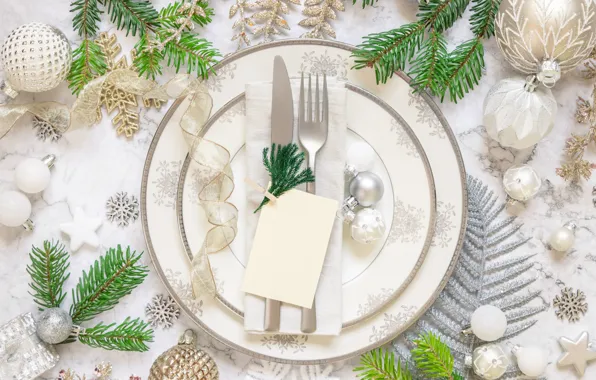 Balls, decoration, snowflakes, table, holiday, silver, Christmas, knife