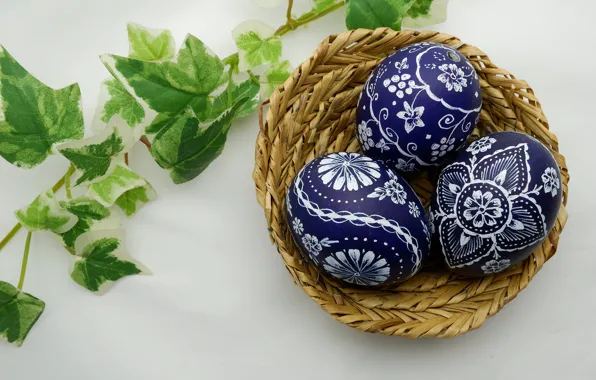 Leaves, sprig, basket, eggs, spring, Easter, Holiday