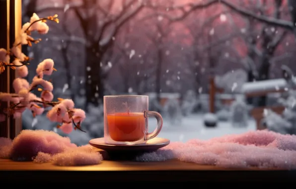 Winter, frost, glass, snow, branches, nature, comfort, candles