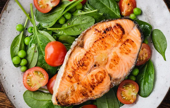 Fish, vegetables, fried, baked, red fish