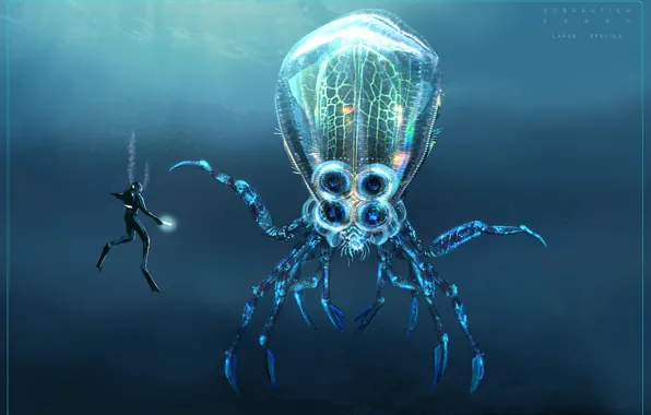 Fiction, the ocean, diver, Medusa, art, Subnautica