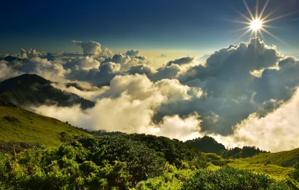Greens, summer, the sun, clouds, rays, light, landscape, mountains