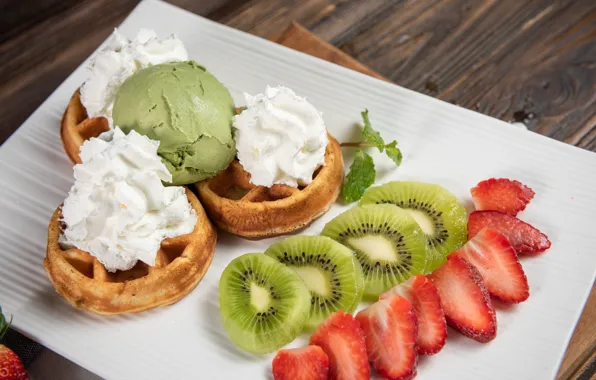 Picture ice cream, kiwi, dessert, plate, waffles, fruit, strawberry, mint