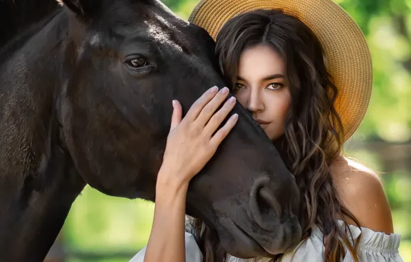 Picture look, girl, animal, horse, hand, head, hat, brunette