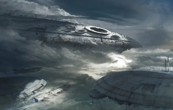 Clouds, fiction, ship, art, giant