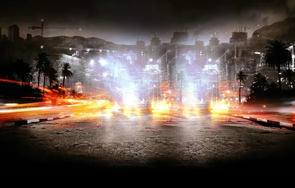 Mountains, palm trees, street, building, Battlefield 3: Back to Karkand