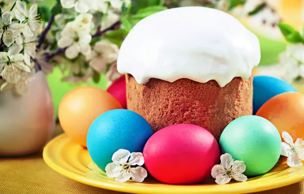 Flowers, eggs, spring, Easter, cake, glaze, Easter, eggs