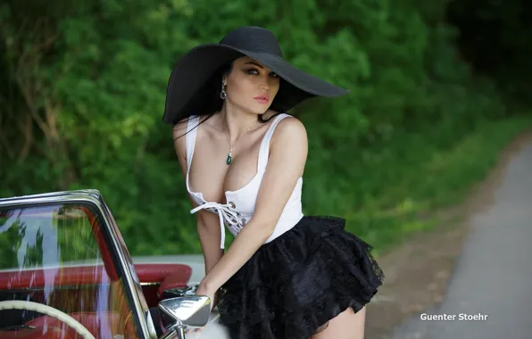 Picture road, forest, pose, skirt, hat, makeup, brunette, hairstyle