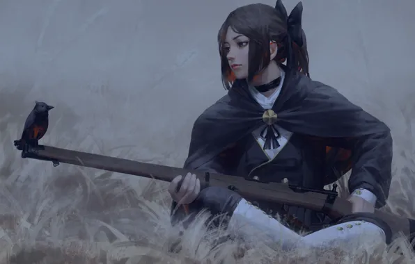Grass, look, bird, bow, Cape, Guweiz, girl with a gun