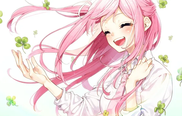 Girl, laughter, clover, clover leaves