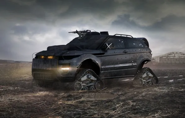Armor, Land Rover, Range Rover, postapokalipsis, caterpillar, machine gun, damage, Evoque