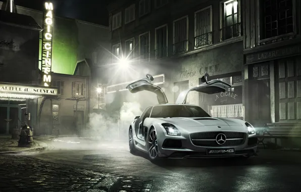 Smoke, House, Street, Mercedes, Mercedes, Benz, AMG, SLS