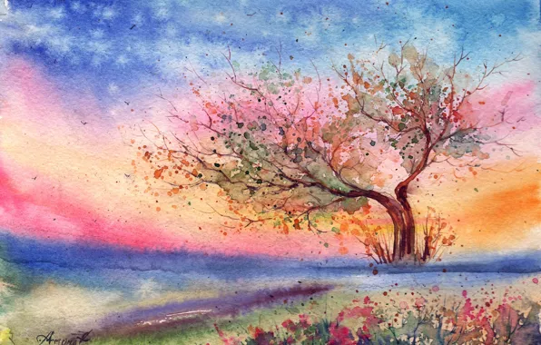 Grass, flowers, tree, the wind, the evening, watercolor, painted landscape