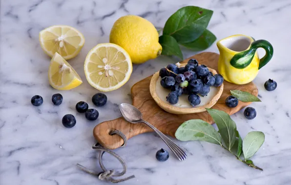 Berries, lemon, spoon, cake, leaves, still life, blueberries