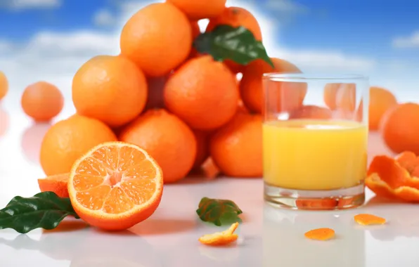 Picture glass, oranges, juice, fruit, leaves, citrus, orange, peel