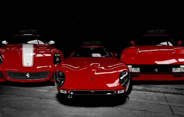 Ferrari, cars, Italy, models, Black and white, Triple