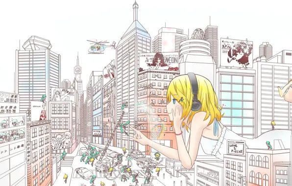 The city, street, home, headphones, helicopter, vocaloid, Hatsune Miku, Kagamine Rin
