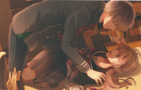 Library, school uniform, on the floor, visual novel, eye to eye, the guy with the …
