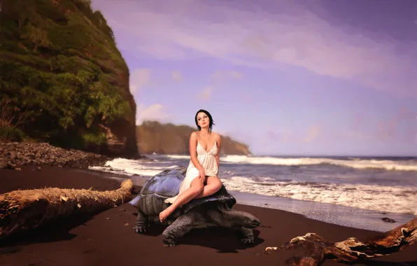 Girl, shore, turtle, surf