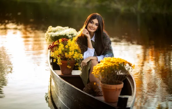 Picture look, girl, flowers, pose, smile, river, mood, boat